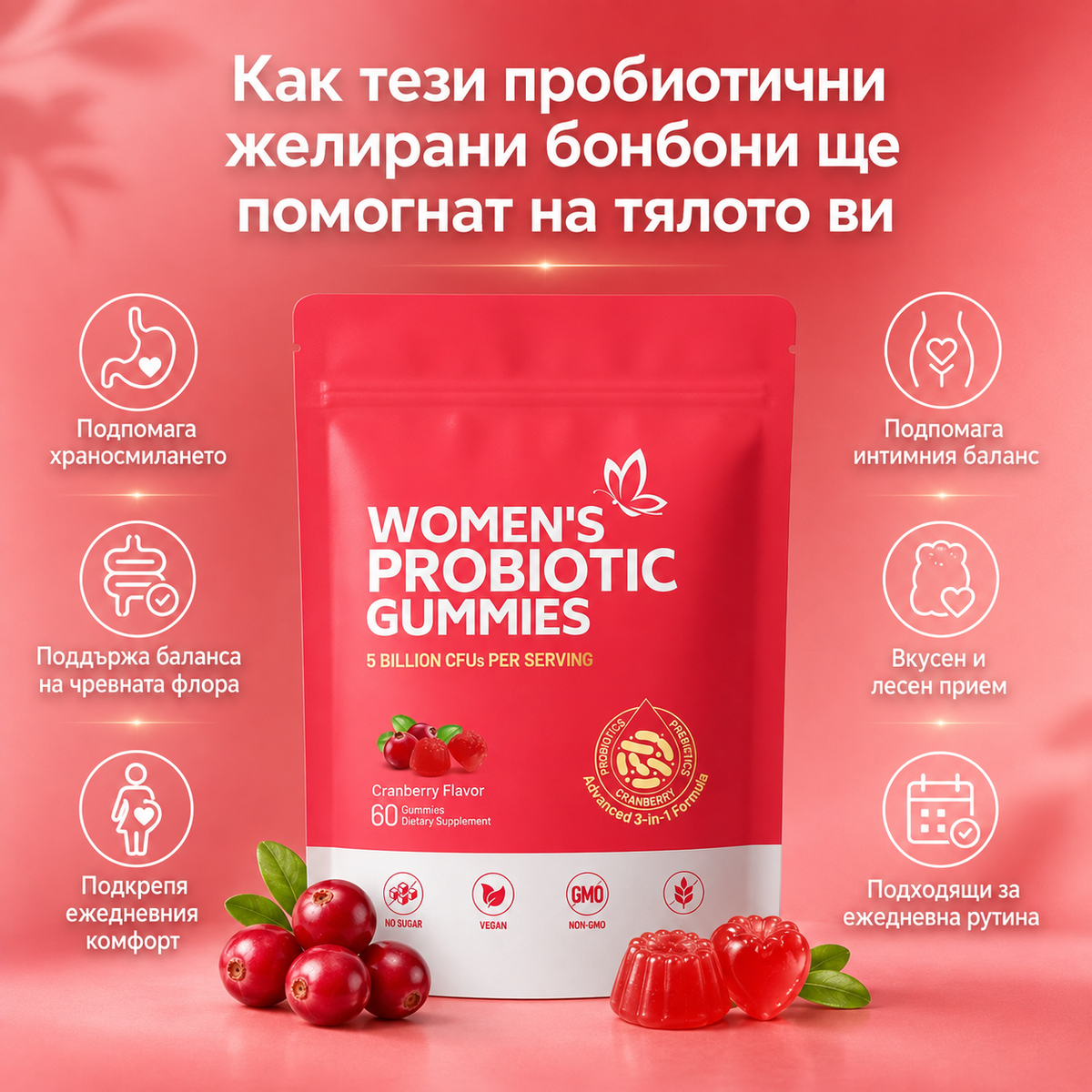 Пробиотични желирани бонбони с червена боровинка за жени